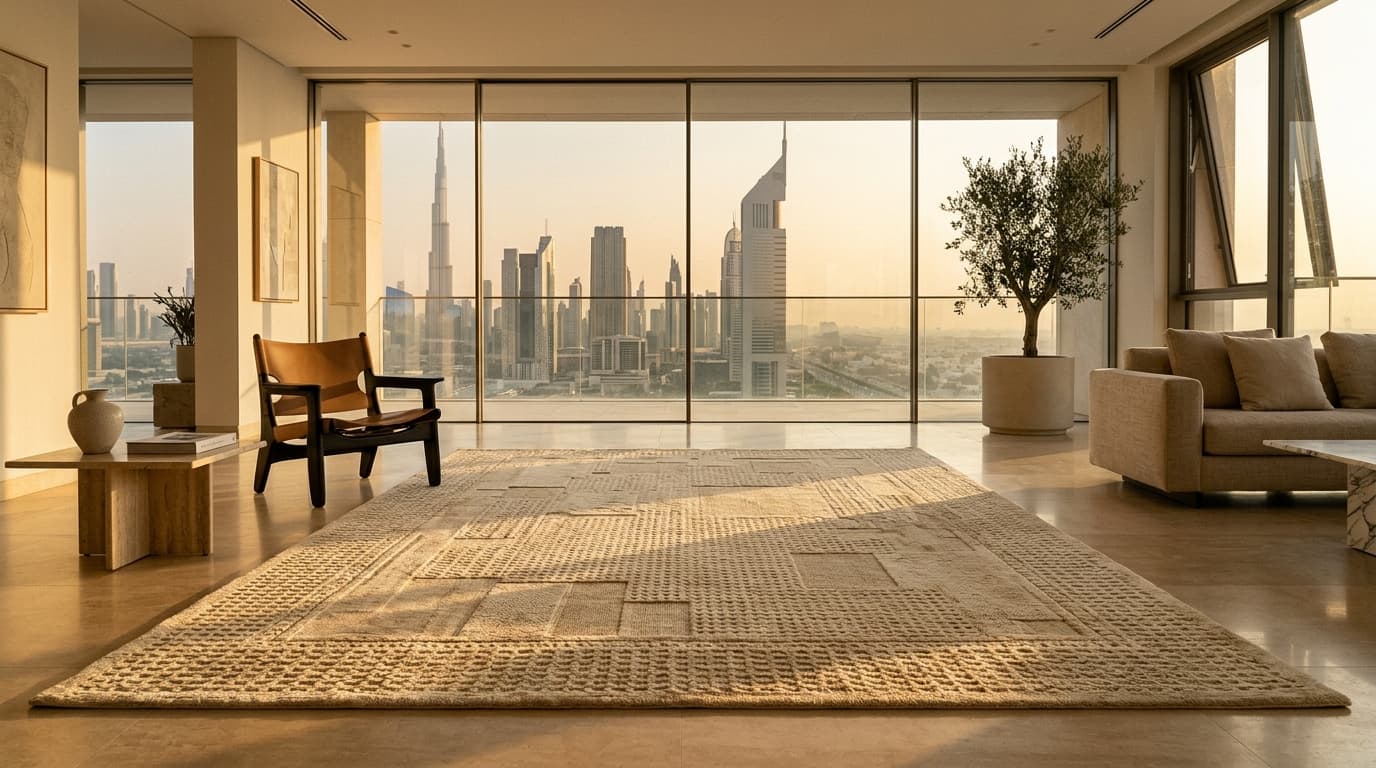 Handcrafted Luxury Rugs Dubai — Architectural Interior with Dubai Skyline