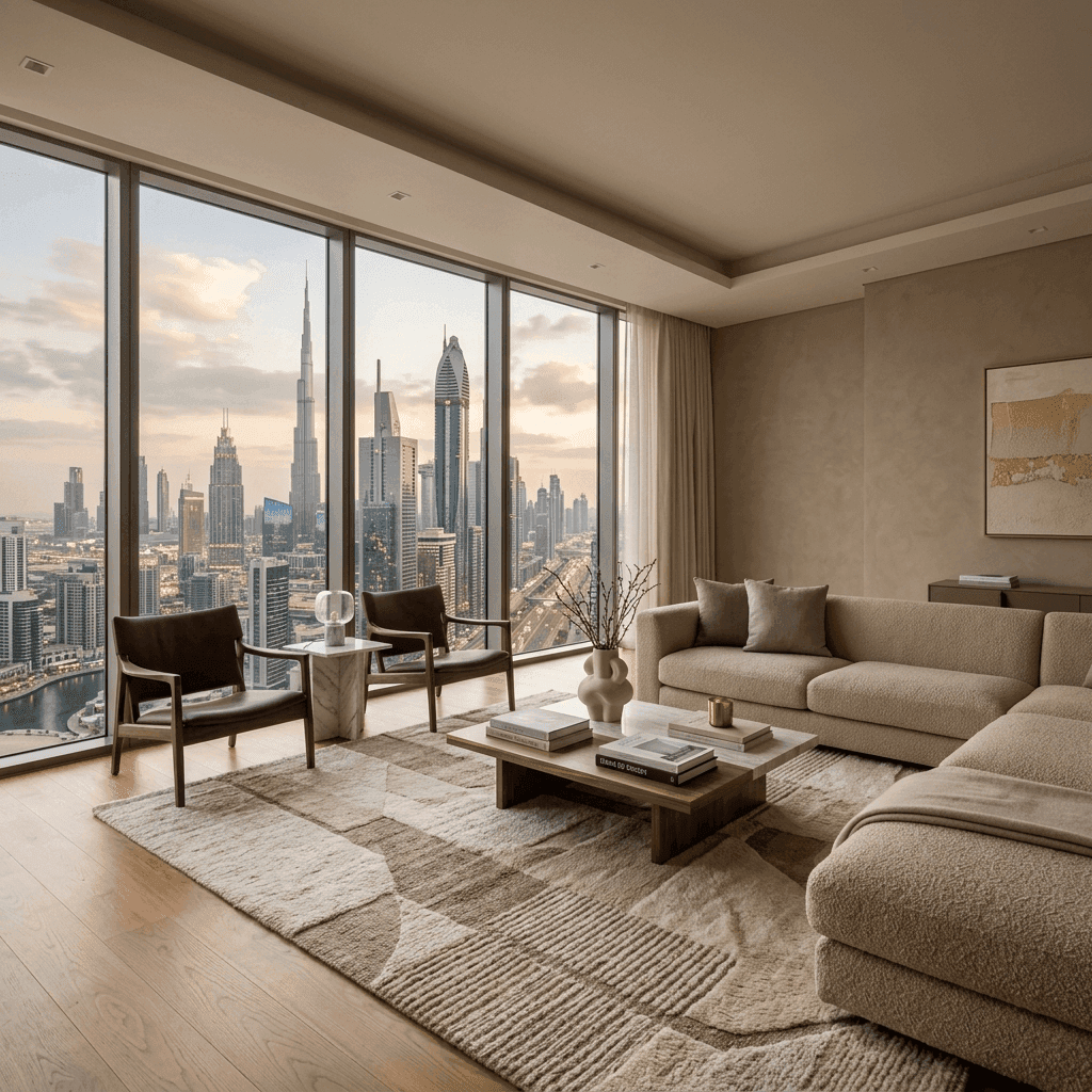 Luxury living room with panoramic city view